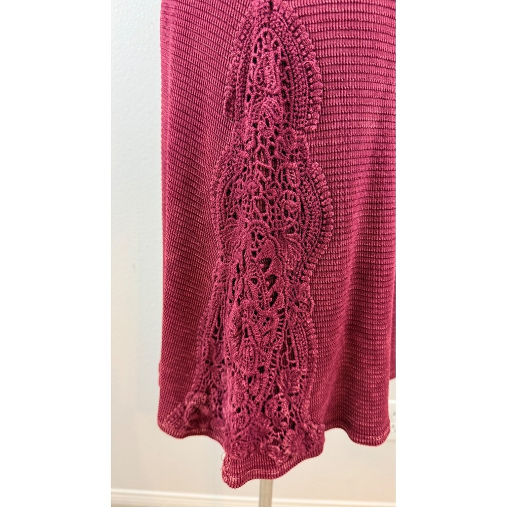 Able Boho Cottagecore Maroon Waffle Knit Crochet Trim Long Sleeve Mini Dress S - Picture 9 of 11